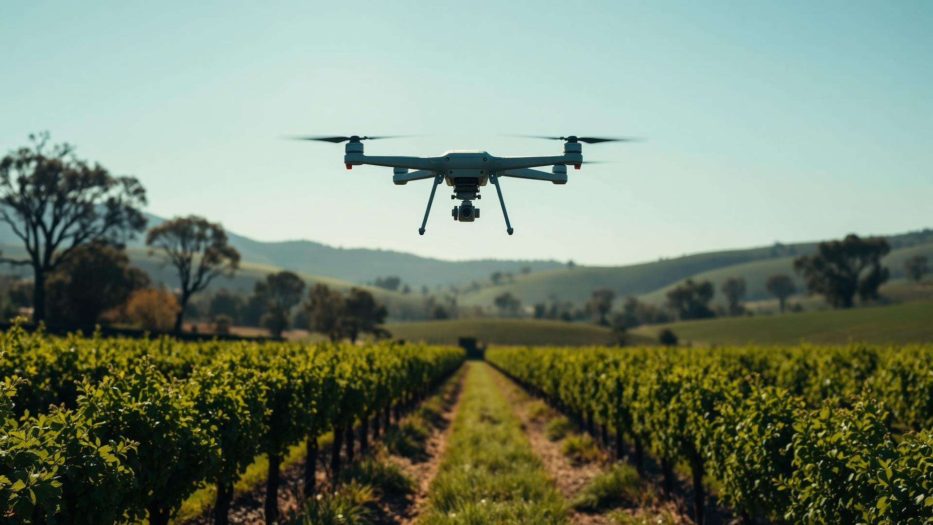 Spraying drone flying low over a green vineyard