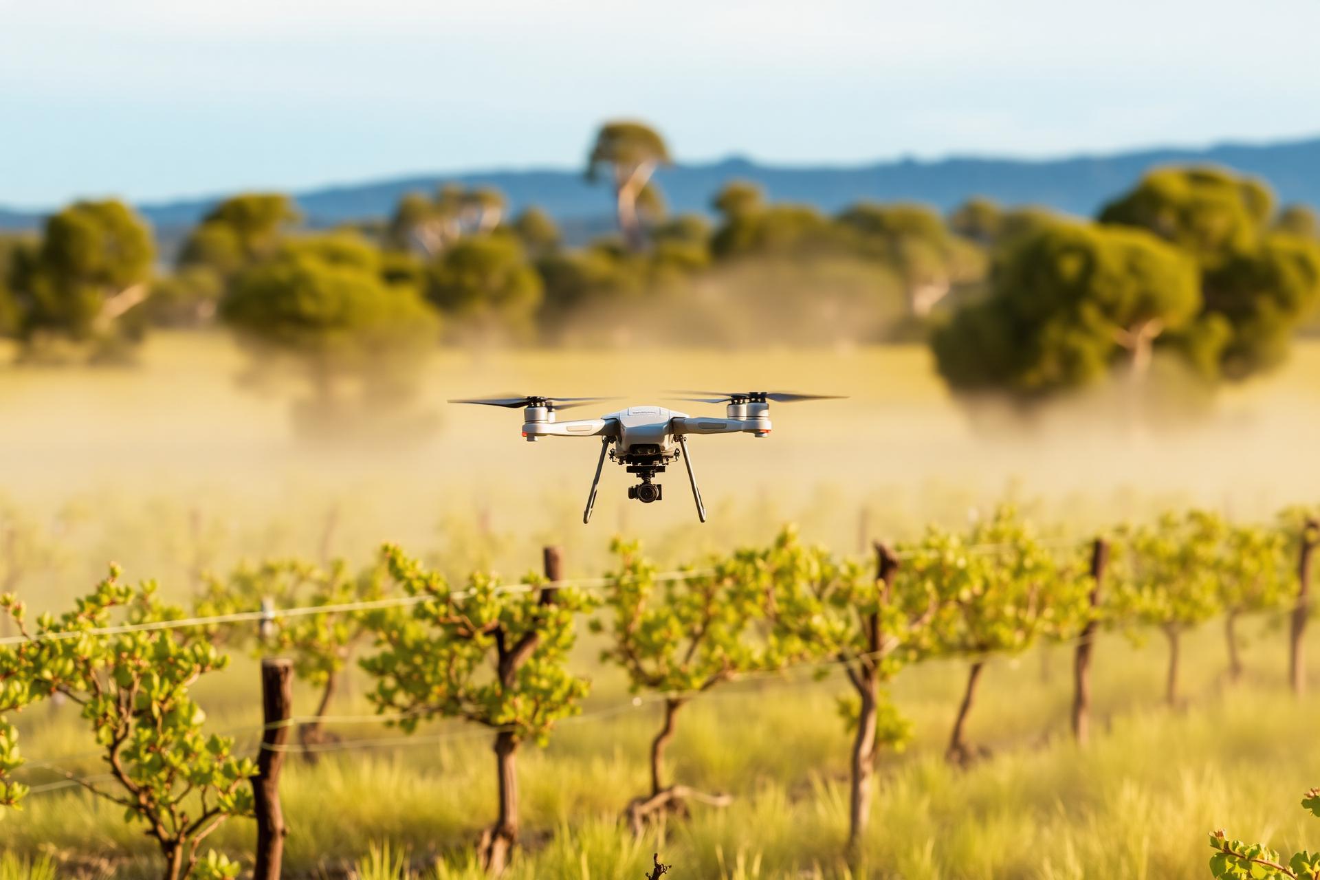 Drone hovering above an Australian vineyard