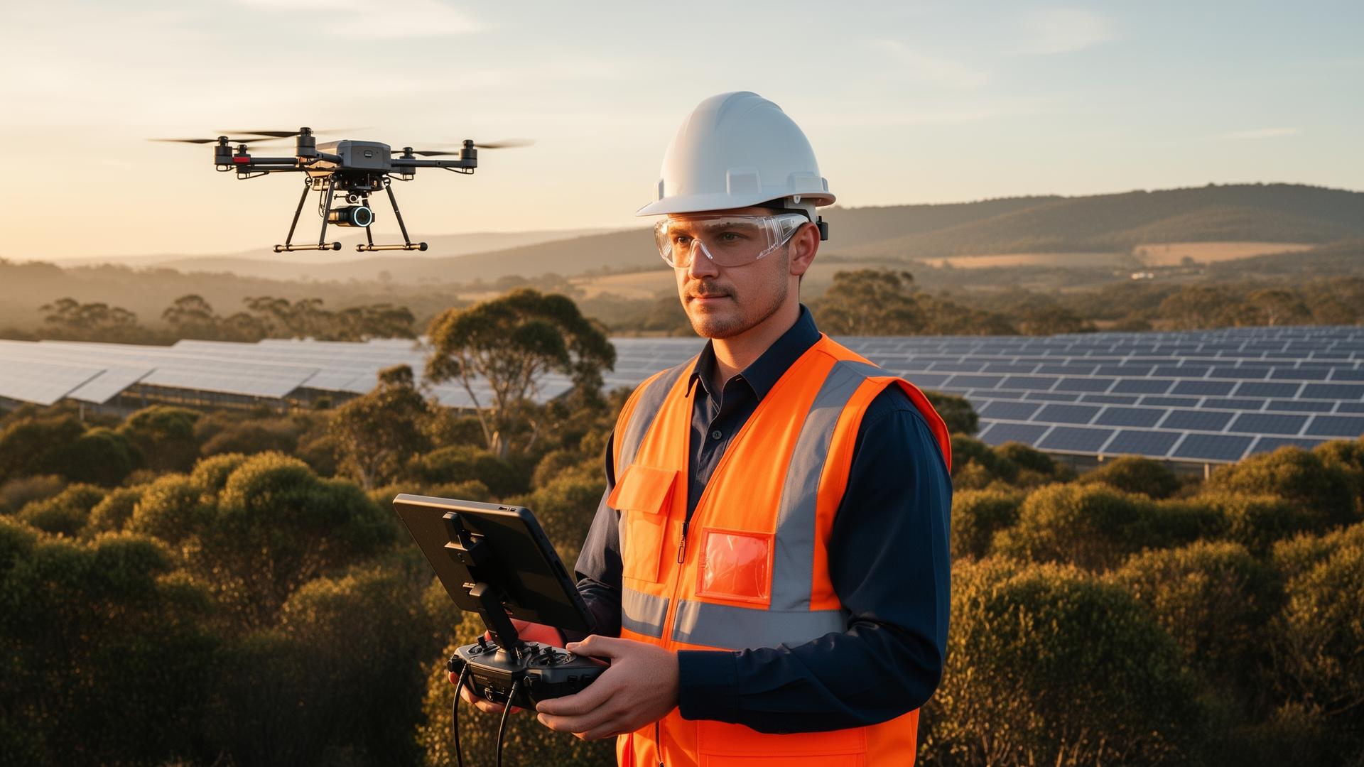 Industrial inspectors with a drone over a solar farm