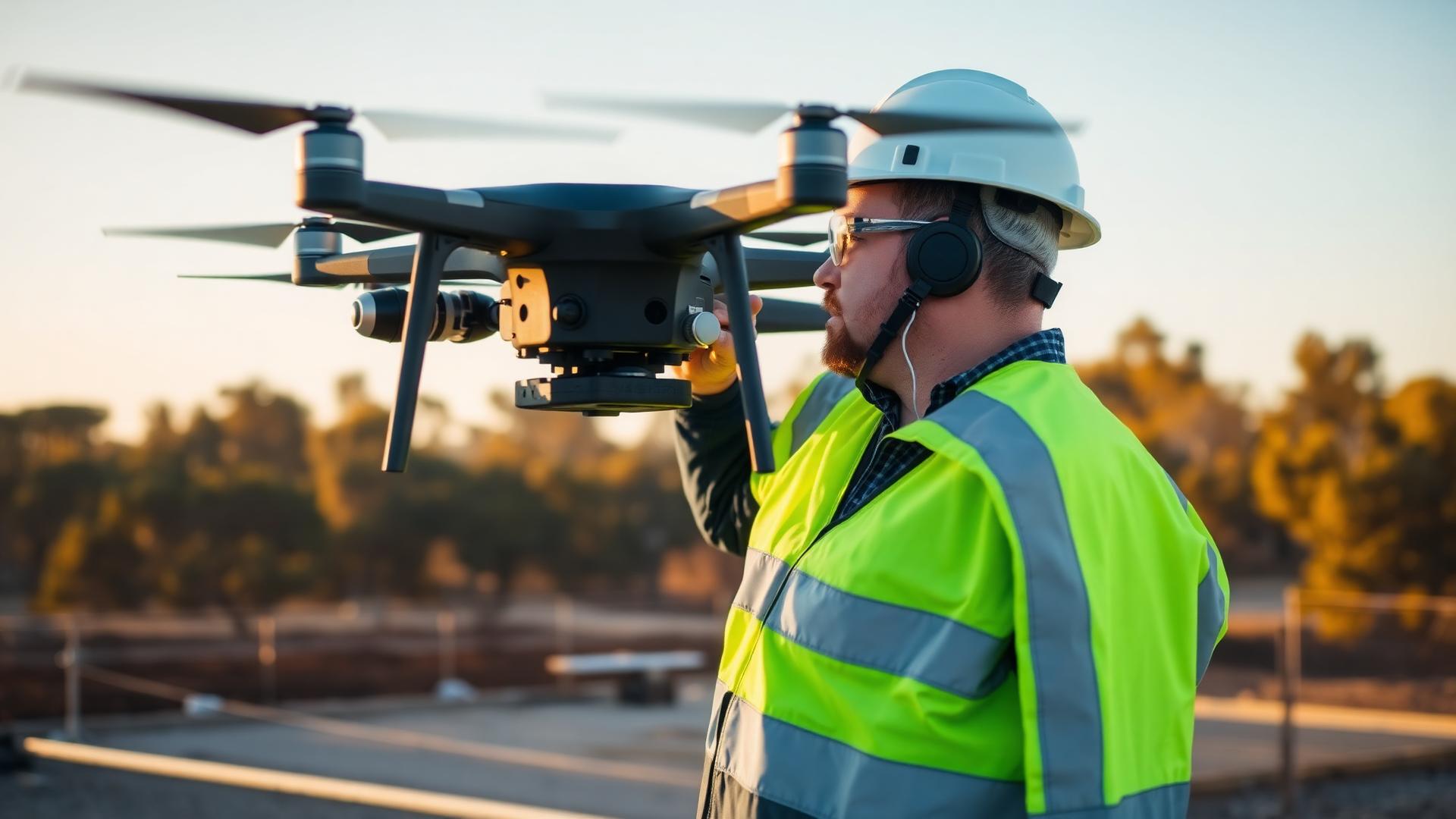 Drone pilot in hi-vis gear operating a commercial drone on site