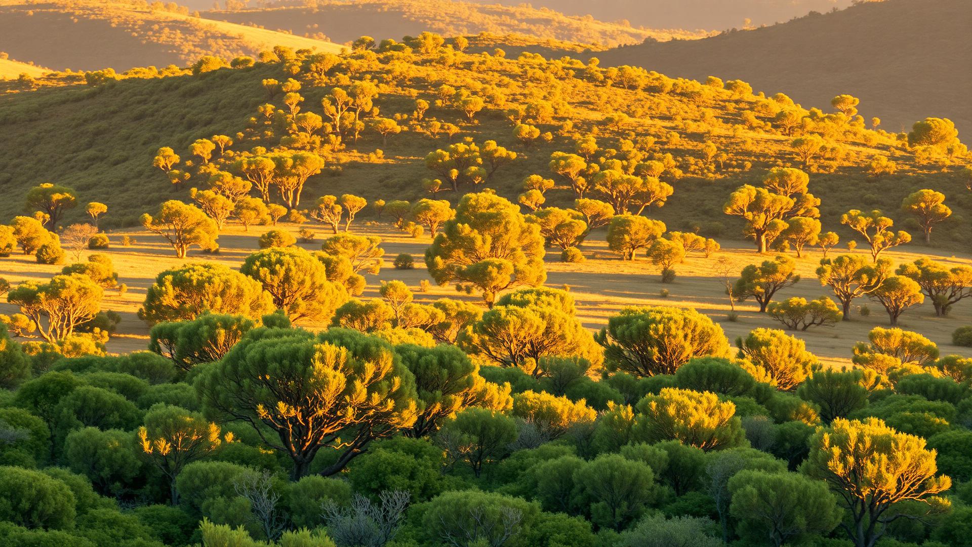 Lush Australian shrubland with green eucalyptus trees